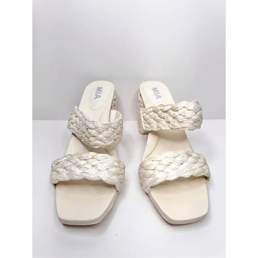 MIA Raffia Sandals Womens Size 10 Cream Double‎ Strap Block Heel
